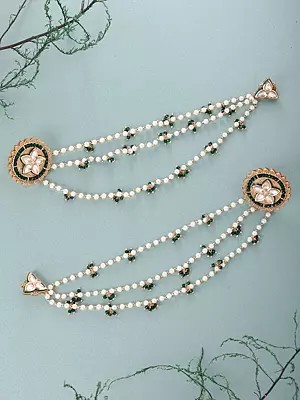 Floral Kundan Stud Earrings with Dual Pearl Ear Chain