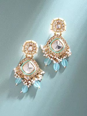 Elegant Kundan Drop Earrings with Pearl and Glass Dangles