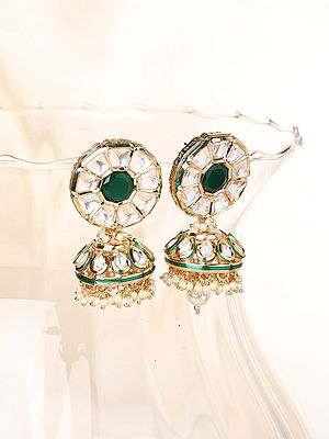 Kundan Stone Studded Jhumka Earrings with Emerald & Bead Drop