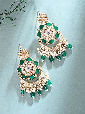Floral Design Kundan Chandbali Earrings with Green Stones