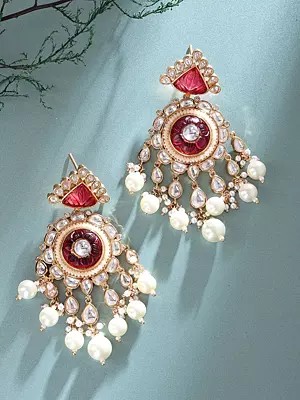 Floral Design Kundan Stone Studded Pearl Drop Earrings