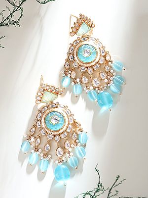 Designer Blue Kundan Statement Earrings with Layered Bead Drops