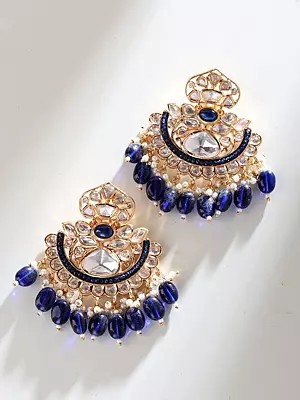 Floral Design Kundan Chandbali Earrings with Pearl Drops
