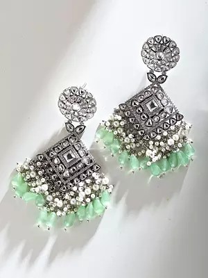 Statement Kundan Dangle Earrings with Geometric Design & Pearl Accents