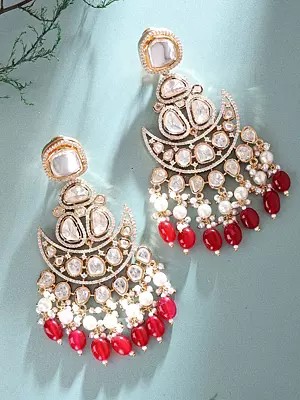 Kundan Chandbali Earrings with Pearl and Red Bead Drops