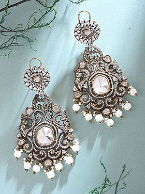 Antique Gold Finish Kundan Chandelier Earrings with Pearl Drops