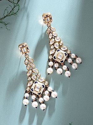 Long Bead Drop Kundan Stone Studded Bridal Dangler Earrings with Pearl Clusters