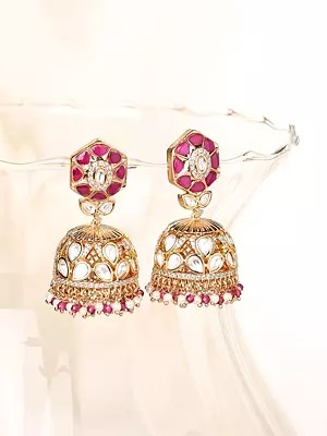 Stone Studded Kundan Bridal Jhumka Earrings with Green Bead Drops