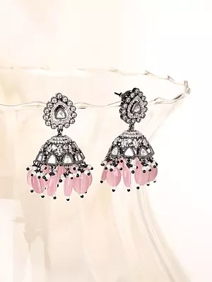 Elegant Kundan Stone Studded Jhumka Earrings with Bead & Pearl Accents