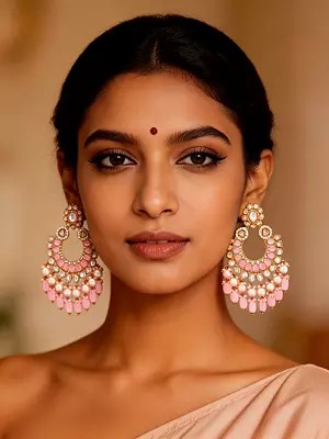 Statement Chandbali Earrings: Pink Stones, Pearls, and Beads