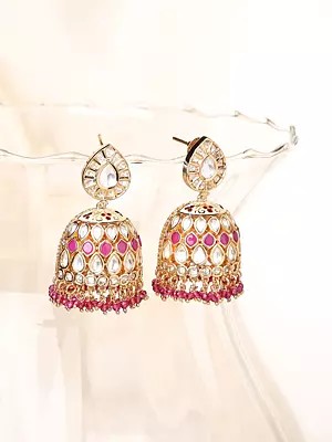 Elegant Bridal Jhumka Earrings with Kundan Work & Gemstone Beads
