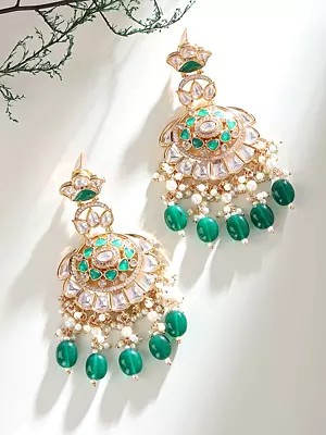 Elegant Kundan Chandbali Earrings with Pearl and Green Bead Dangles