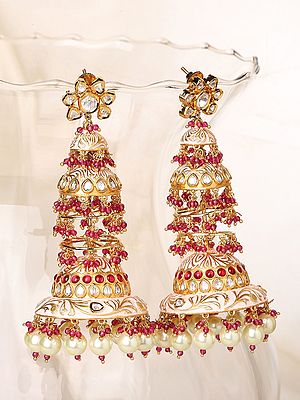 Layered Meenakari Kundan Bridal Jhumka Earrings with Pearl and Bead Drops