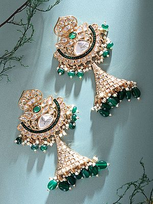 Bridal Chandbali Jhumka Earrings with Kundan Stones and Emerald Bead Drops