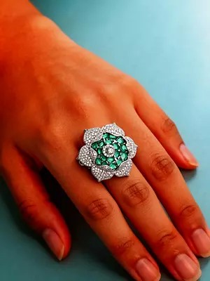 Floral Design Stone Studded American-Diamond Adjustable Ring