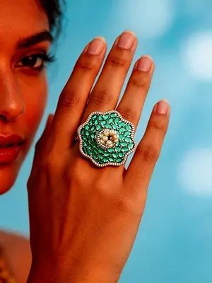 Flower Design American-Diamond Stone Studded Adjustable Ring with Pearl