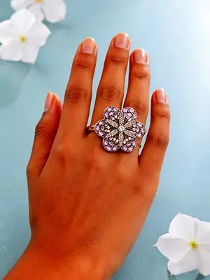 Dual Flower Design American-Diamond Stone Studded Adjustable Ring with Crystal Detailing