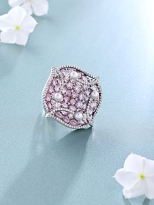 Pink American-Diamond Stone Studded Adjustable Ring with Pearl Detailing