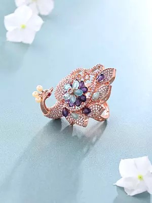 Peacock Design American-Diamond with Blooming Floral Center Adjustable Ring