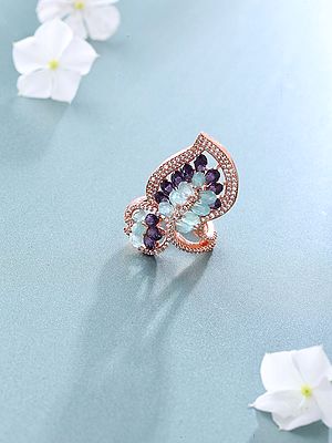 Leaf Design American-Diamond Adjustable Ring with Blue and Violet Stone