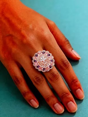 Floral Mandala American Diamond Stone Studded Adjustable Ring