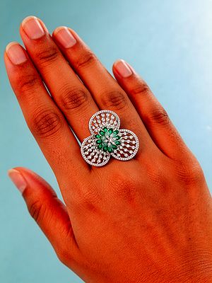 Triple-Petal Flower American-Diamond Stone Studded Adjustable Ring