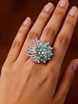 Floral Burst Design Stone Studded American-Diamond Adjustable Ring