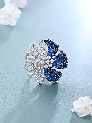 Dual Shade Floral American-Diamond Stone Studded Adjustable Ring