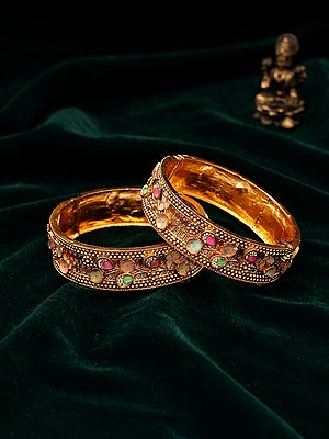 Openable Kada Bangle Set: Floral Meenakari Design with Multicolor Stones (Pair)