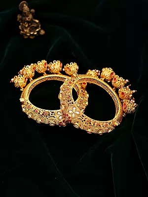 Designer Openable Bridal Bangles (Pair) with Polki Stones and Jhumka Drop