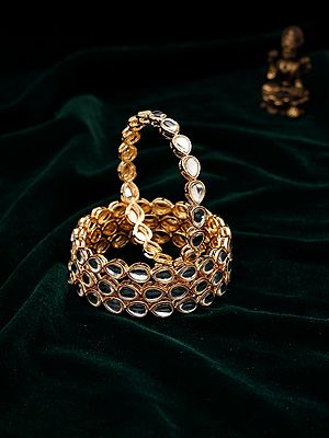 Oval Cut Polki Stone Studded Gold Tone Bangles (Set of 4)
