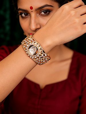 Openable Cuff Bangle with Polki Stones and Pear-Shaped Center Stone