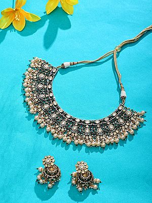 Polki Stone Studded Necklace Set with Pearl Drop
