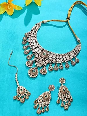 Polki Stone Studded Semi Bridal Necklace Set with Green Teardrop Danglers
