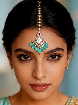 Marquise Cut Stone Studded Kundan Maang Tikka with Bead Drop