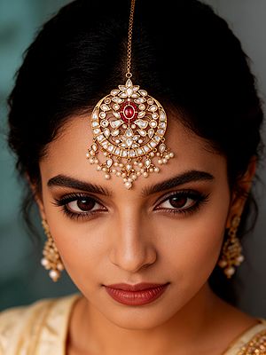 Floral Polki Stone Studded Pearl Drop Maang Tikka