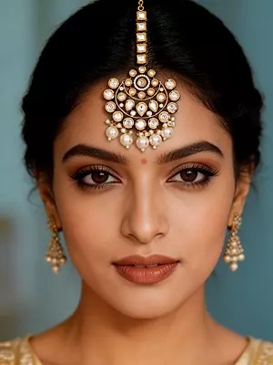 Floral Moon Polki Studded Maang Tikka with Pearl Drop