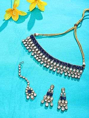 Blue Stone Polki Necklace Set with Maang Tikka & Earrings