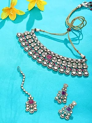 Ruby Pink Kundan Choker Necklace Set with Maang Tikka and Teardrop Danglers