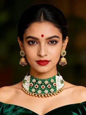 Kundan Choker Necklace and Earring Set with Multi-Strand Beads