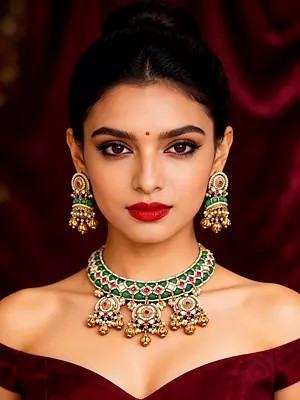 Kundan Choker Set with Green Beads and Jhumka Earrings