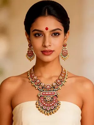 Rajwadi Style Kundan Meenakari Necklace Set with Pearl Drops