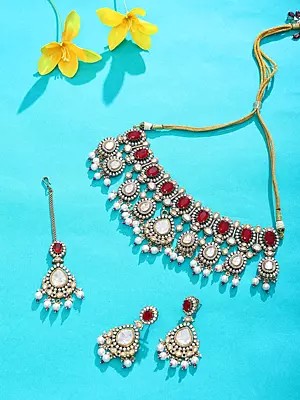 Statement Red Polki Choker Set with Pearl Dangles and Maang Tikka