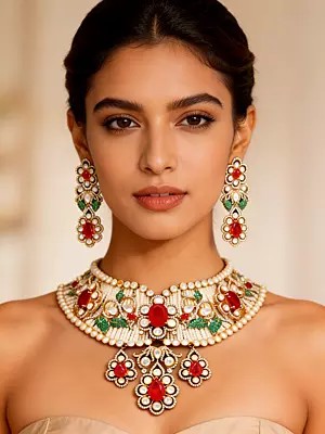 Kundan Necklace Set with Red Stones and Pearl Strand Base