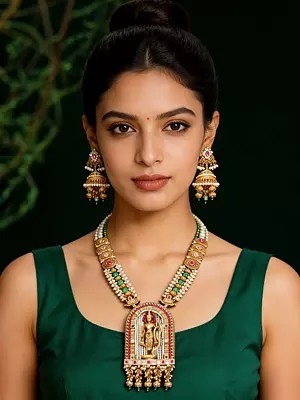 Temple Design Lord Rama Beaded Kundan Necklace and Earring Set
