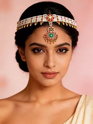 White Beaded Multi-Strand Kundan Matha Patti With Ghungroo