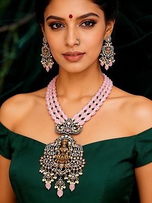 Pink Beaded Multi Strand Goddess Lakshmi Necklace Set with Bead Drop Earrings