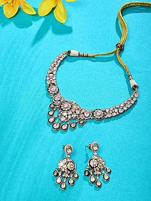 Floral Polki Stone Studded Necklace and Earring Set with Teardrop Danglers