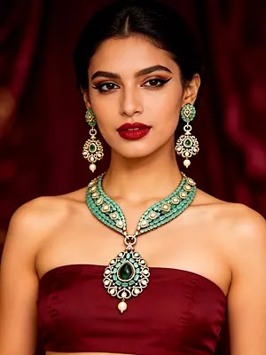 Kundan Necklace Set with Emeralds, Polki Detailing & Teardrop Pendant