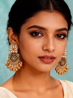 Floral Kundan Earrings with Green Stone and Ghungroo Drops